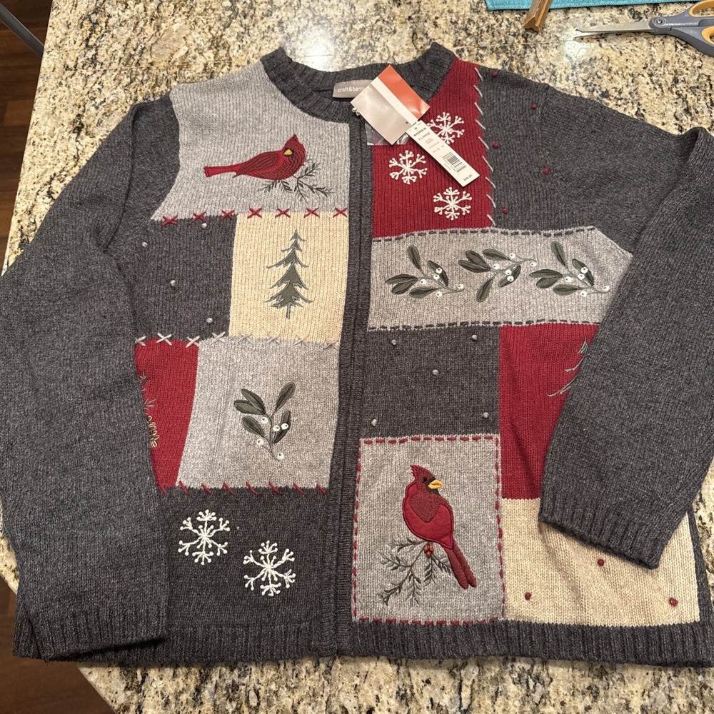 Christmas Sweater Womens XL Gray Zip Cardigan Cardinal Snowflake Patchwork New